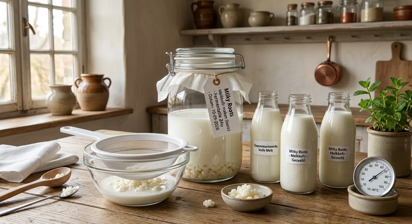 Glas melkkefir met kefirkorrels in een zeef boven een pot melk.