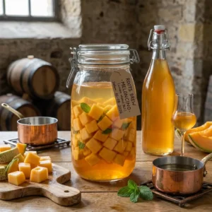 Een sfeervolle, vierkante foto op een houten tafel in een rustieke, schemerige bierkelder met gestapelde houten vaten op de achtergrond. Centraal staat een grote glazen macereerpot met een metalen klem en rubberen afdichting, gevuld met heldere alcohol waarin oranje blokjes verse muskmeloen en groene muntblaadjes trekken. Aan de pot hangt een kraftpapieren etiket met de handgeschreven tekst 'ROOTS BREW · MELONCINO · (zuivere alcohol 96%) Datum: 10-08-2026'. Rechts achter de pot staat een transparante beugelfles gevuld met de afgewerkte, goudoranje meloenlikeur en een klein proefglaasje met de gekoelde drank. Linksvoor liggen vers gesneden meloenblokjes op een houten snijplank, omringd door twee kleine koperen steelpannetjes op onderzetters en verse muntblaadjes. Het zachte daglicht komt van een hoog venster aan de linkerzijde.
