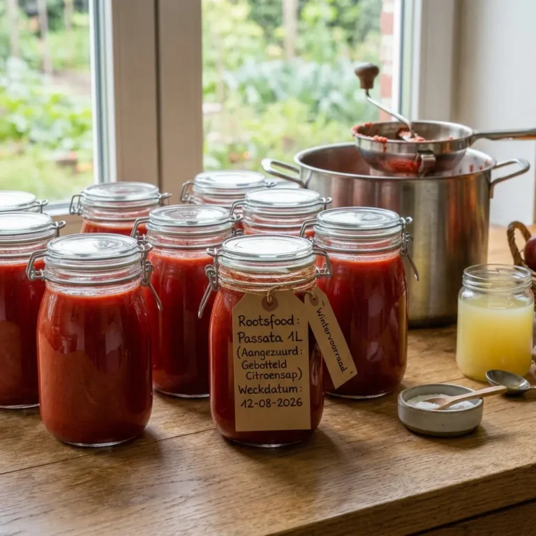 Een sfeervolle, vierkante foto op een houten keukenaanrecht bij een raam met zicht op de tuin. Op de voorgrond staan meerdere glazen weckpotten (1 liter) gevuld met een dieprode, gladde tomatenpassata. Aan de voorste pot hangt een kraftpapieren label met de handgeschreven tekst: 'Rootsfood: Passata 1L (Aangezuurd: Gebotteld Citroensap) Weckdatum: 12-08-2026' en een klein label met 'Wintervoorraad'. Naast de potten staan een klein glazen potje met gebotteld citroensap en een kommetje met zeezout. Op de achtergrond staan een grote roestvrijstalen kookpot en een passe-vite (voedselmolen) met restanten van verwerkte tomaten. Het geheel wordt verlicht door zacht, natuurlijk daglicht.
