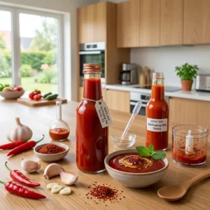 Een heldere, vierkante foto van het bereidingsproces en eindproduct van gefermenteerde gochujang-hot sauce op een modern houten keukeneiland. Op de voorgrond staan twee glazen flessen gevuld met dieprode, gladde hot sauce. Om de saus heen liggen ingrediënten en bereidingsmaterialen verspreid: een klein transparant hakmolentje met chiliresten, een glazen pipette, een keramisch schaaltje met serveersaus, verse rode chilipepers, knoflookteentjes en een schaaltje met gochugaru-chilivlokken. De achtergrond toont een lichte, moderne keuken met een raam dat uitkijkt op een tuin.