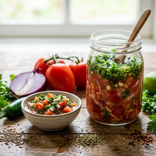 De afbeelding is een sfeervolle, aardse opname op een rustieke houten tafel, verlicht door natuurlijk daglicht. Centraal staat een grote glazen fermentatiepot (Mason jar style, vergelijkbaar met image_50.png, image_114.png, image_126.png), gevuld met de visibly lacto-gefermenteerde tomatensalsa. De salsa is duidelijk bubbly en bevat de stukjes tomaat, rode ui en jalapeño. De pot is afgetopt met een royale laag van de verse, groene chimichurri: gehakte koriander, platte peterselie en limoenrasp gemengd met olijfolie en rodewijnazijn, die er net bovenop is geschept. Ernaast staat een klein, handgemaakt keramisch schaaltje met een geserveerde portie salsa, gemengd met de chimichurri, klaar om te eten. Om de pot en het schaaltje liggen de verse ingrediënten die het recept verduidelijken: rijpe Roma-tomaten, een halve rode ui, jalapeño's, een limoen en bossen verse koriander en platte peterselie. Ook komijnzaad, gedroogde Mexicaanse oregano en gerookte chilivlokken liggen verspreid op de tafel. De tafel vertoont de natuurlijke imperfecties die consistent zijn met de Roots Jars-huisstijl. De focus ligt scherp op de voorzijde van de fermentatiepot en het serveerschaaltje, met een zachte vervaging in de achtergrond. De algehele sfeer is authentiek en uitnodigend.