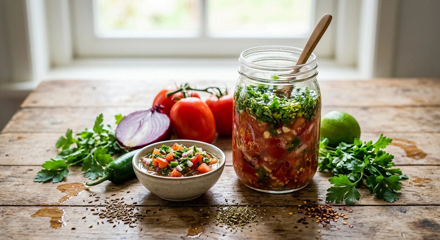Pot gefermenteerde tomatensalsa naast een kom salsa met groene chimichurri van koriander en limoen.