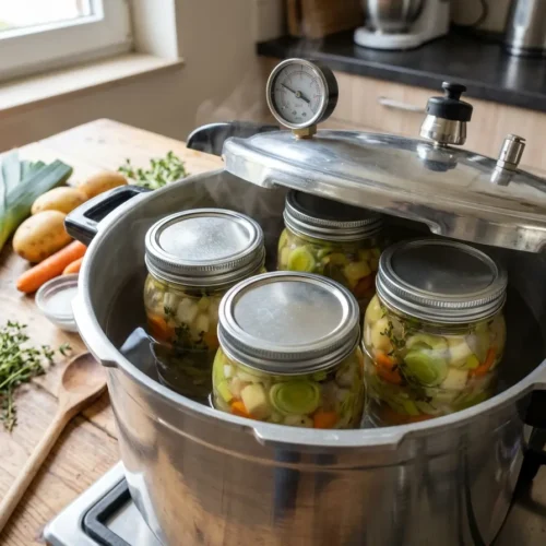 Een helpt-heldere, brede foto op een rustieke houten keukentafel van vier glazen 500 ml Mason jars met metalen tweedelige schroefdeksels, klaar voor het drukwecken. In de transparante potten zijn duidelijke lagen te zien van gesneden groene preiringen, gele aardappelblokjes, oranje wortelschijfjes, takjes verse tijm en een laurierblad onder een heldere bouillon. Rondom de potten liggen verse ingrediënten zoals hele preien, aardappelen en tijm. Op de achtergrond staat een roestvrijstalen pressure canner (drukketel) met een manometermeter op het gasfornuis voor een lichte, moderne keukenomgeving.