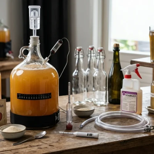 Fotorealistische opstelling voor het zelf maken van appelcider op een robuuste houten tafel. In het midden staat een glazen gistingfles gevuld met troebel geel appelsap en afgesloten met een transparant waterslot. Links staan een lege glazen pot, een zakje cidergist en een kommetje gistvoeding. Rechts staan lege beugelflessen, een groene fles en glazen met heldere, bruisende cider op een hulpstuk.