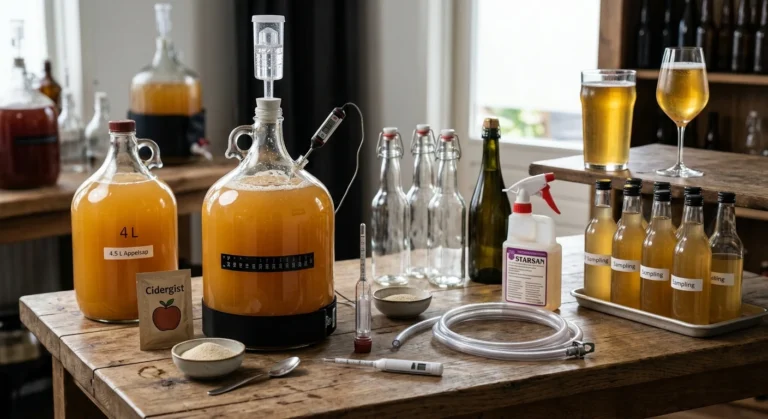 Fotorealistische opstelling voor het zelf maken van appelcider op een robuuste houten tafel. In het midden staat een glazen gistingfles gevuld met troebel geel appelsap en afgesloten met een transparant waterslot. Links staan een lege glazen pot, een zakje cidergist en een kommetje gistvoeding. Rechts staan lege beugelflessen, een groene fles en glazen met heldere, bruisende cider op een hulpstuk.
