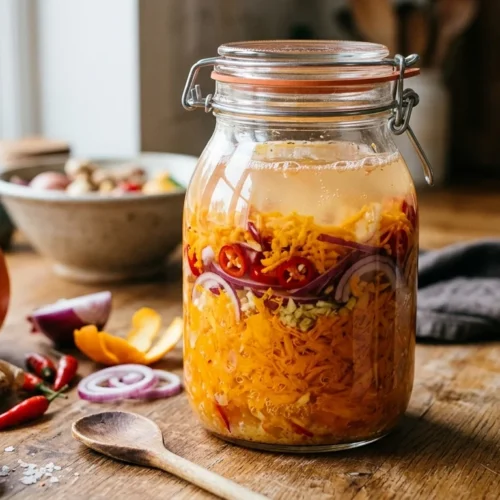 Een glazen weckpot gevuld met grof geraspte, helderoranje gefermenteerde pompoen, rode ui, gember en rode chilipepers in pekel, geplaatst op een houten aanrecht. Naast de bokaal liggen een hele pompoen, verse gember, chilipepers, rode uienringen, een houten lepel en een klein schaaltje zout.