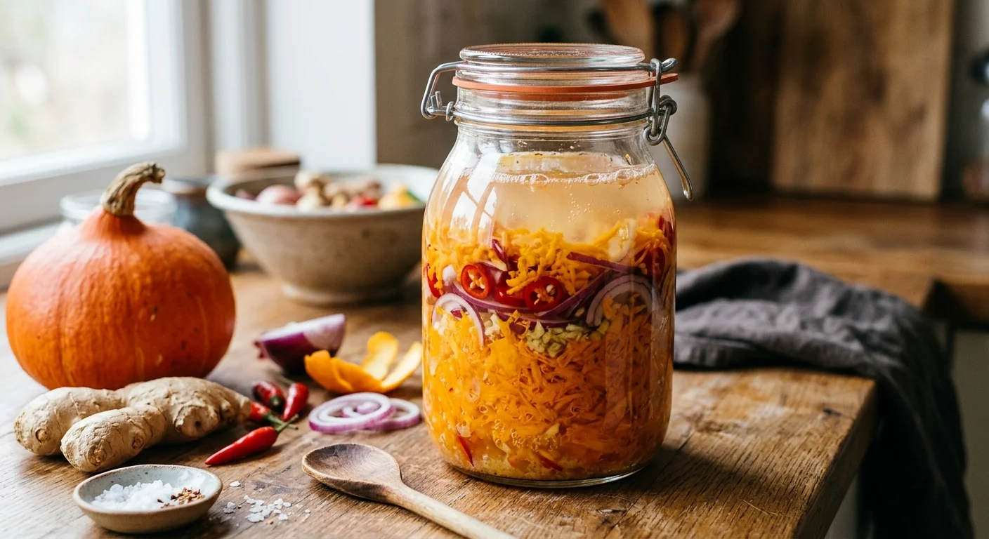 Bokaal met geraspte gefermenteerde pompoen, gember en rode chili