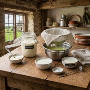 Een sfeervolle landelijke keuken met stenen muren en een houten tafel waarop ingrediënten en hulpmiddelen voor het maken van verse kwark staan uitgestald. Links kijkt een raam uit op grazende koeien in een weiland. Op de tafel staat een grote glazen pot met het etiket "Verse Kwark", een vergiet met een kaasdoek in een rvs kom waar wei uit drupt, diverse kommetjes met zuivel en een klein kaartje met de tekst "Ambachtelijke zuivel – Handgemaakte kwark".