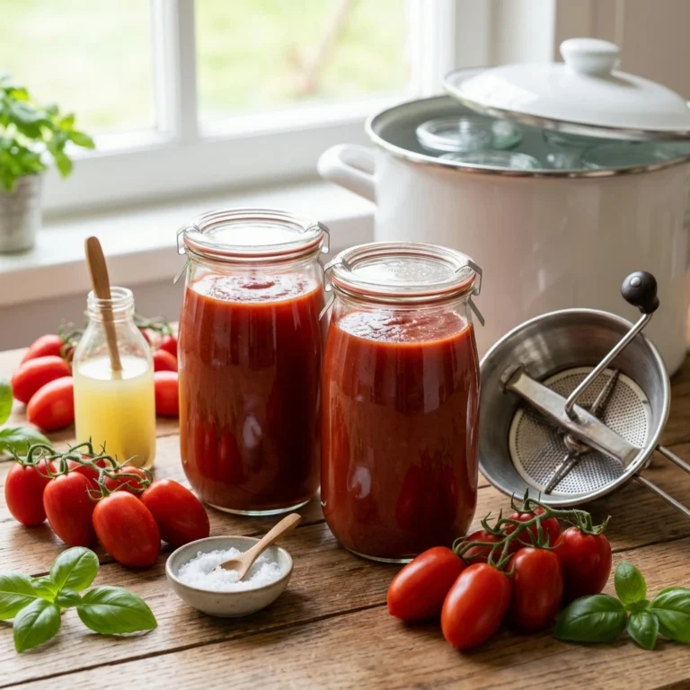 Twee glazen Weckpotten van 1 liter gevuld met zelfgemaakte rode tomatenpassata op een rustieke houten keukentafel. Rondom de potten liggen verse San Marzano pruimtomaten op tak, een roestvrijstalen passe-vite (roerzeef), een klein flesje gebotteld citroensap, een schaaltje zeezout en verse basilicumblaadjes. Op de achtergrond staat een geëmailleerde witte weckketel voor een licht venster.
