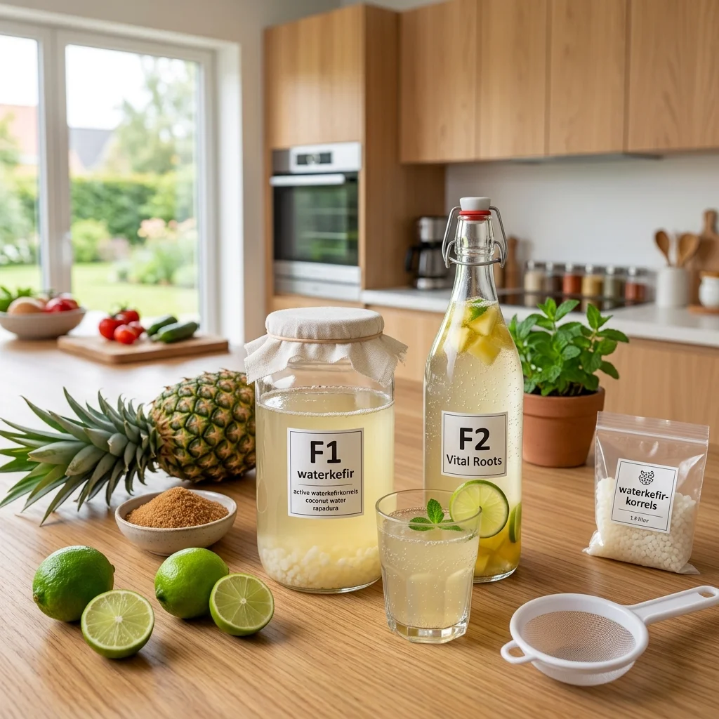 Beugelfles waterkefir met kokoswater naast een glas met ananas en een partje limoen.