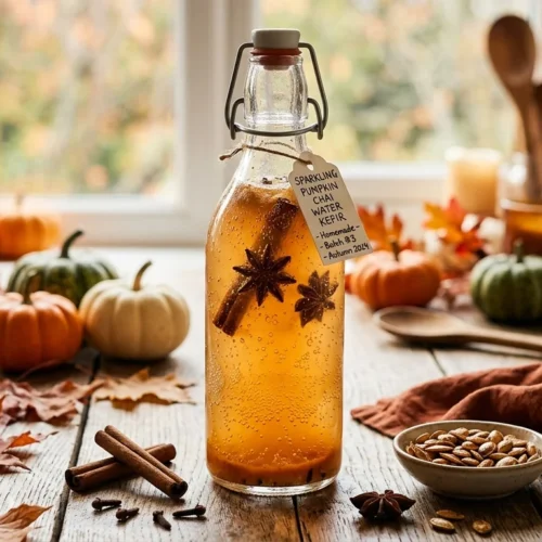 Geniet van de rijke smaken van het seizoen met deze zelfgemaakte waterkefir met pompoen en chai. Deze licht mousserende drank combineert de frisse, levendige bubbels van waterkefir met de warme kruiden van chai – zoals kaneel, kruidnagel en steranijs – en een subtiele, romige toets van geroosterde pompoenpuree. Gepresenteerd in een sfeervolle beugelfles op een houten tafel, omringd door herfstbladeren, kleine pompoentjes en de specerijen die deze unieke smaak creëren. Perfect om te ontspannen en jezelf op te warmen op een frisse herfstdag!