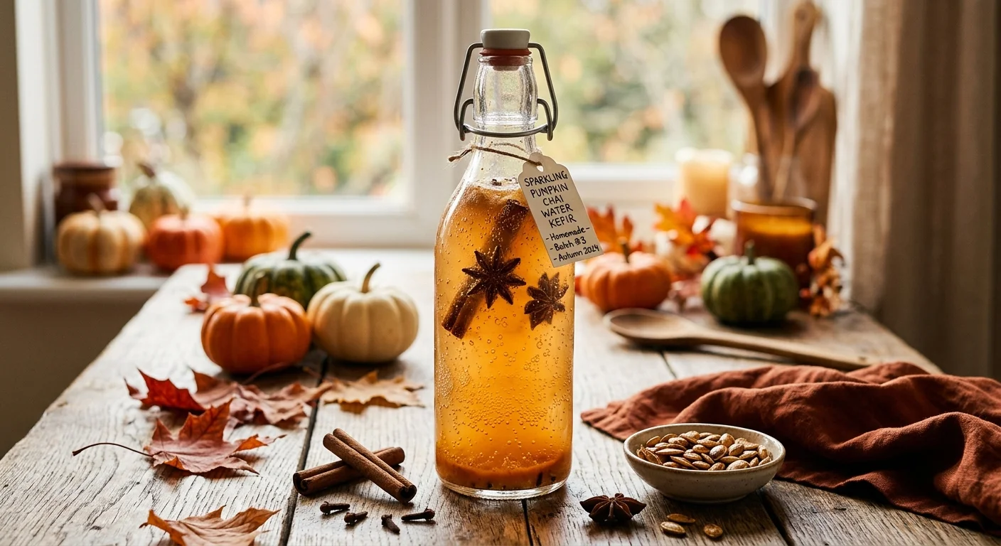Glas waterkefir met pompoen en chai-kruiden naast een kaneelstokje
