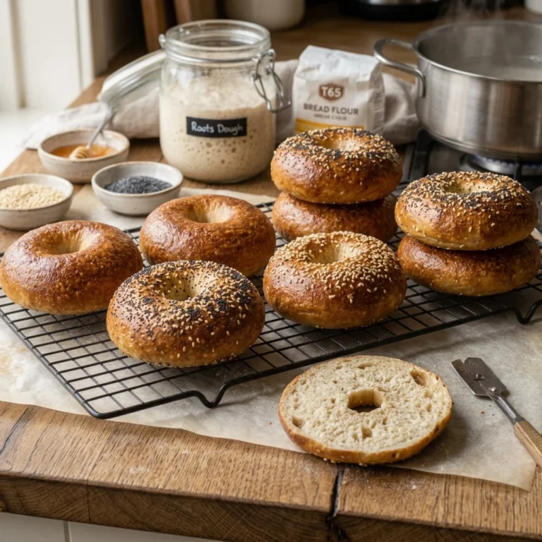 Een gedetailleerde foto van een geopende pagina in een kookboek, getiteld "Zuurdesem bagels maken". De linkerpagina toont een sfeervolle foto van de afgewerkte bagels: een stapel van goudbruine, met sesamzaad bestrooide bagels en een doorgesneden bagel, rustend op een afkoelrooster op een houten werkblad. De rechterpagina bevat het recept, met een inleiding ("Bagels van een stevig zuurdesemdeeg met een glanzende, taaie korst en een dicht kruim — na een koude narijs eerst gekookt en dan gebakken"), de bereidingstijd, porties, een lijst met ingrediënten (waaronder "500g tarwebloem", "100g actieve zuurdesemstarter", "Maanzaad"), benodigdheden ("Keukenweegschaal", "Schuimspaan") en een stapsgewijze instructie om de bagels te bereiden. Een voedingswaarde-indicatie geeft aan dat elke bagel 250 calorieën bevat. De pagina's zijn mat papier en hebben een authentiek, handgemaakt uiterlijk.