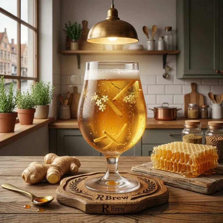Fotorealistische close-up van een glas gembercider op een houten tafel in een verlichte keuken. In het midden staat een tulpglas gevuld met gouden, bruisende cider met een lichte schuimkraag. Het glas staat op een houten onderzetter met inscriptie. Rondom het glas liggen stukken verse gemberwortel, een lepel met een drupje siroop en een stuk honingraat. Op de achtergrond is een warme, sfeervolle keuken zichtbaar bij het raam.