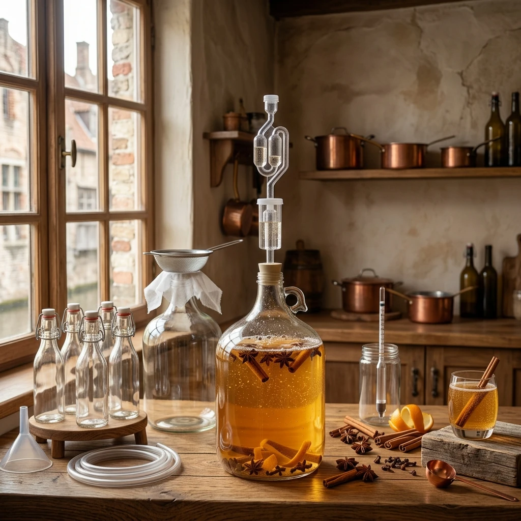 Glas amberkleurige kruidencider met een kaneelstokje en steranijs, naast een beugelfles en appels op een houten werkblad.
